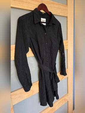 Abercrombie & Fitch Black Long-Sleeve Shirt Dress with Tie Waist